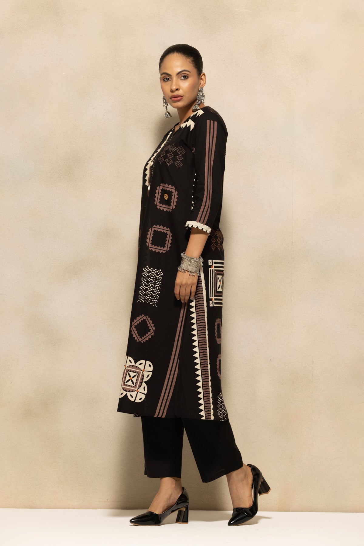 Black Printed A-line Kurta 3 Pcs Set