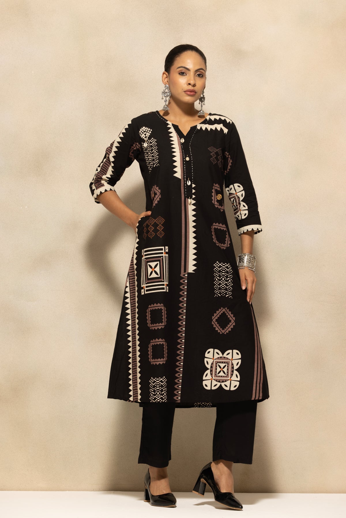 Black Printed A-line Kurta 3 Pcs Set