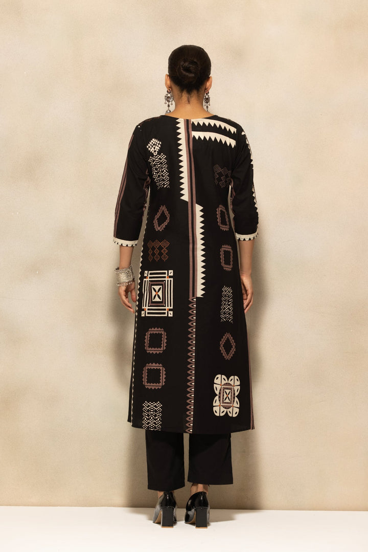 Black Printed A-line Kurta 3 Pcs Set