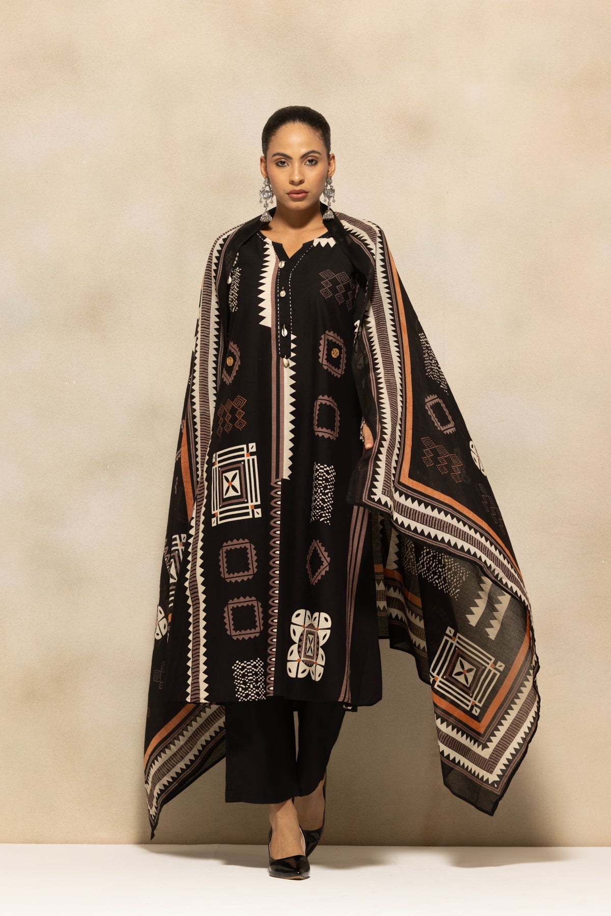 Black Printed A-line Kurta 3 Pcs Set