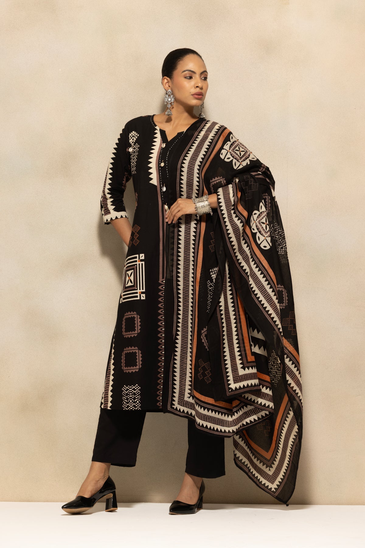 Black Printed A-line Kurta 3 Pcs Set
