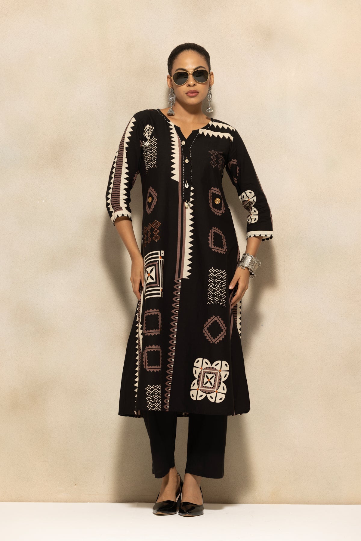 Black Printed A-line Kurta 3 Pcs Set