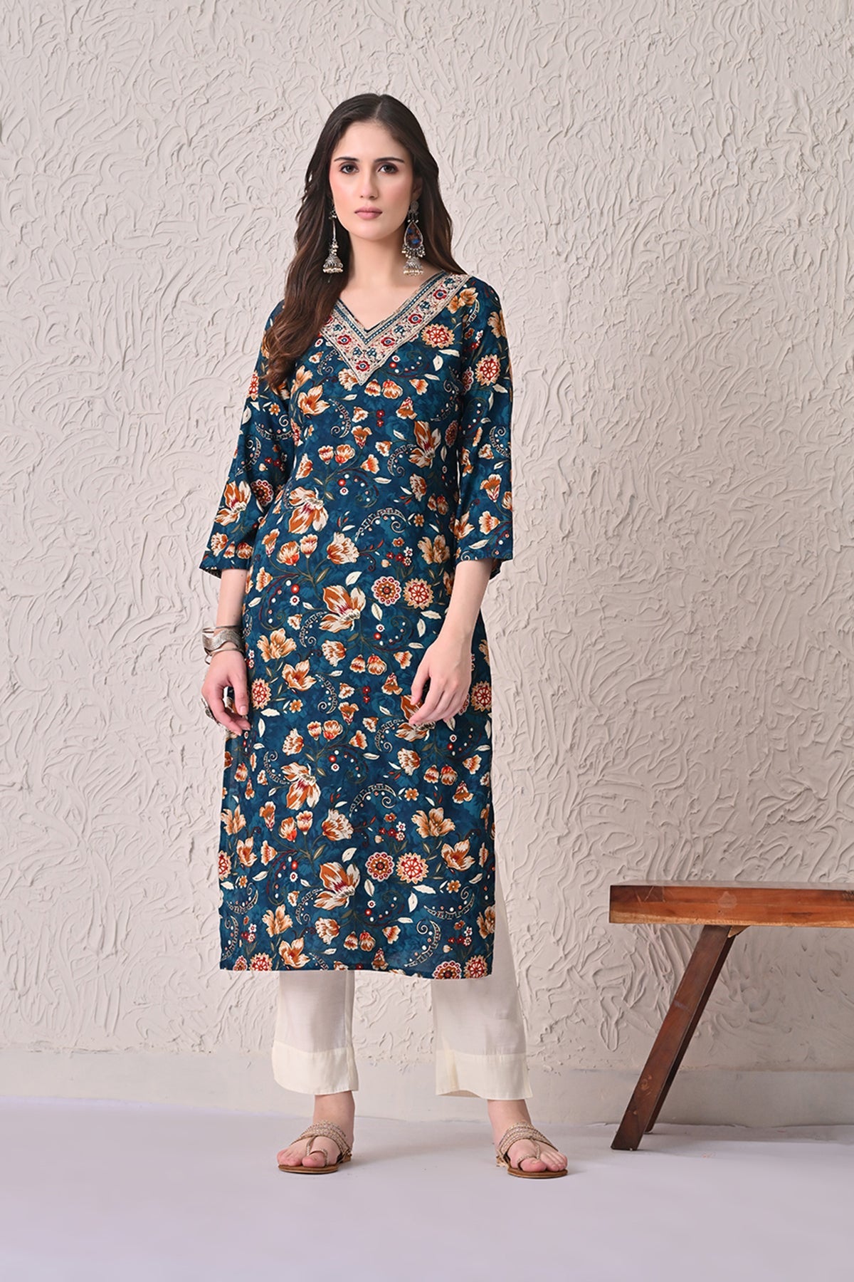 Teal Floral Printed Kurta