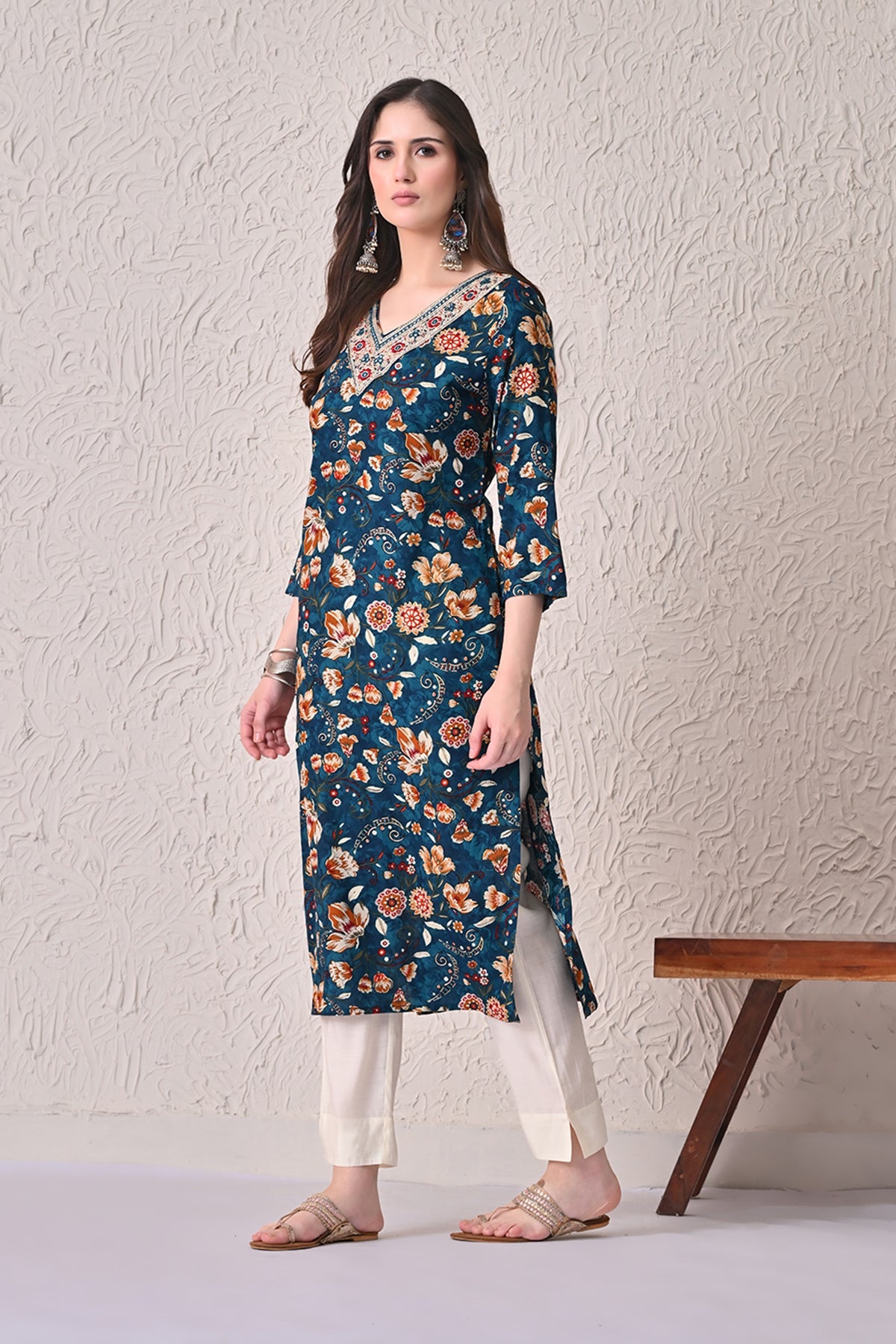 Teal Floral Printed Kurta