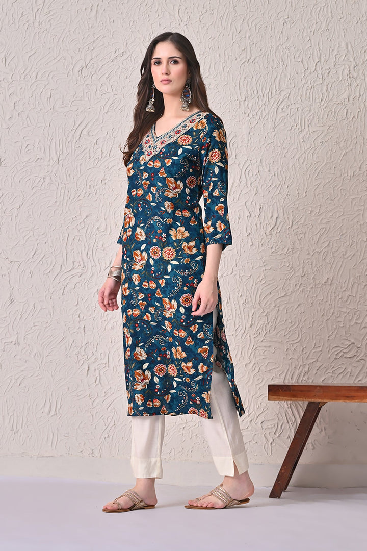 Teal Floral Printed Kurta Set