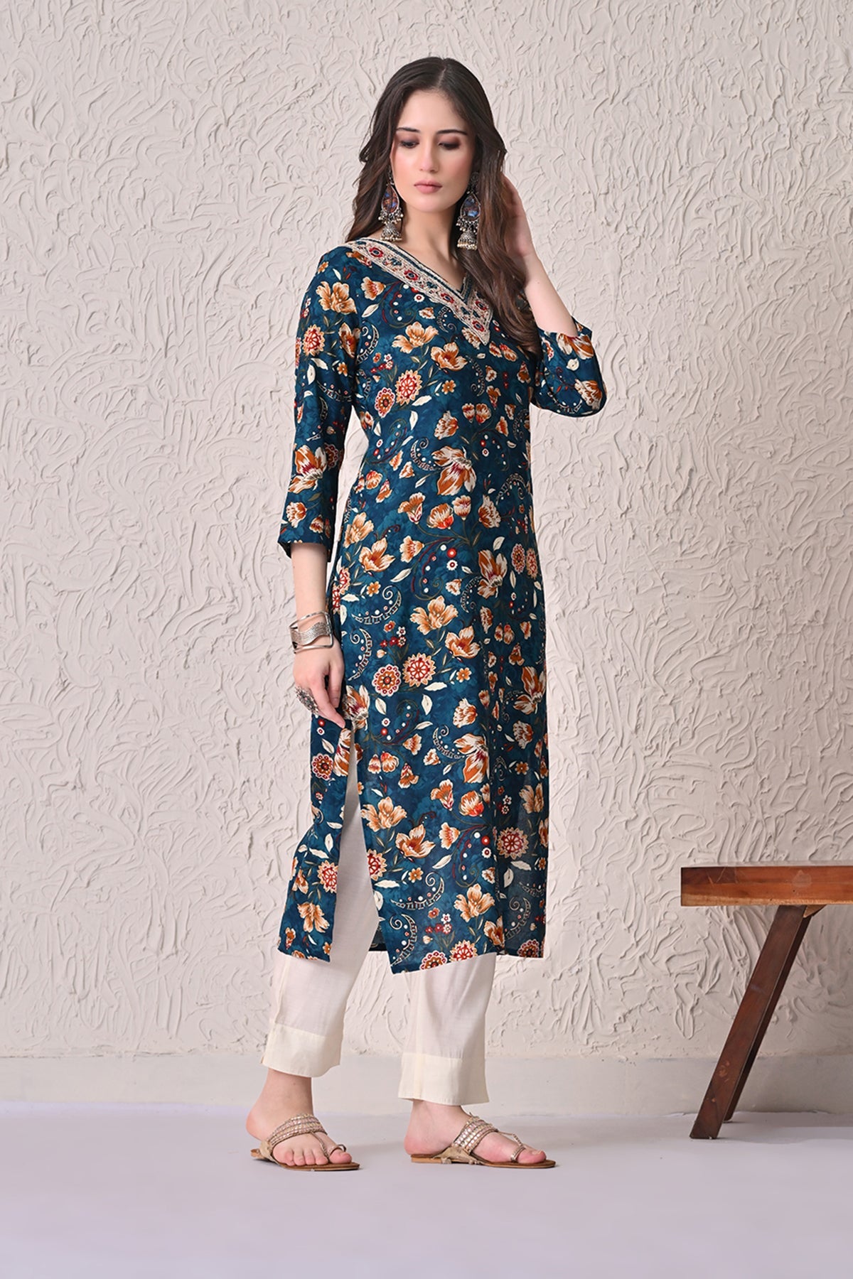 Teal Floral Printed Kurta