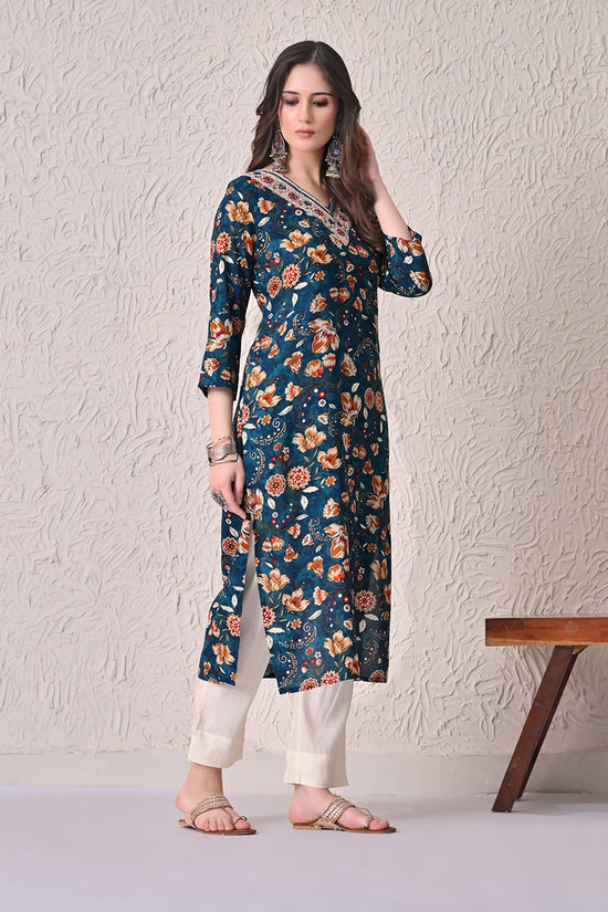 Teal Floral Printed Kurta