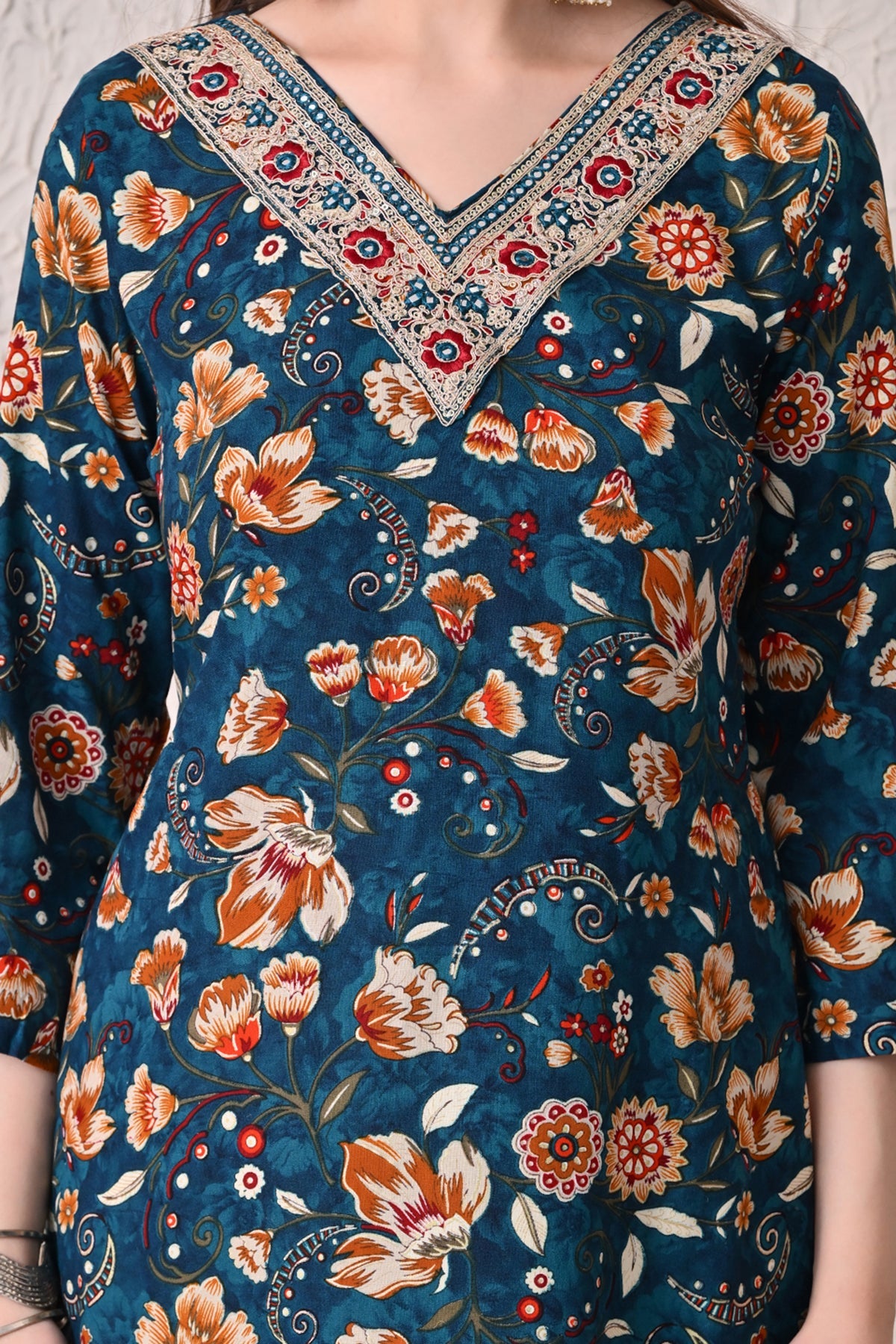 Teal Floral Printed Kurta