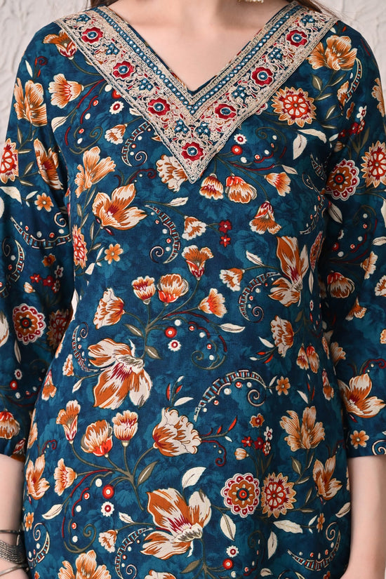 Teal Floral Printed Kurta