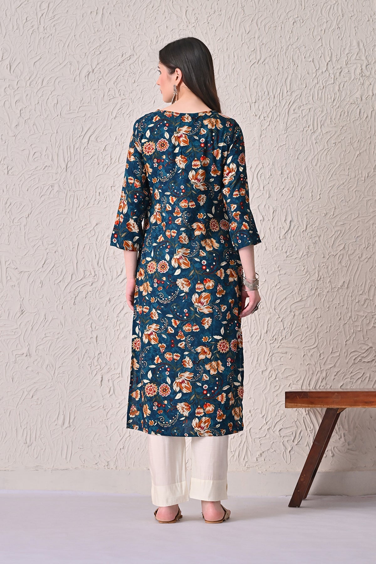 Teal Floral Printed Kurta