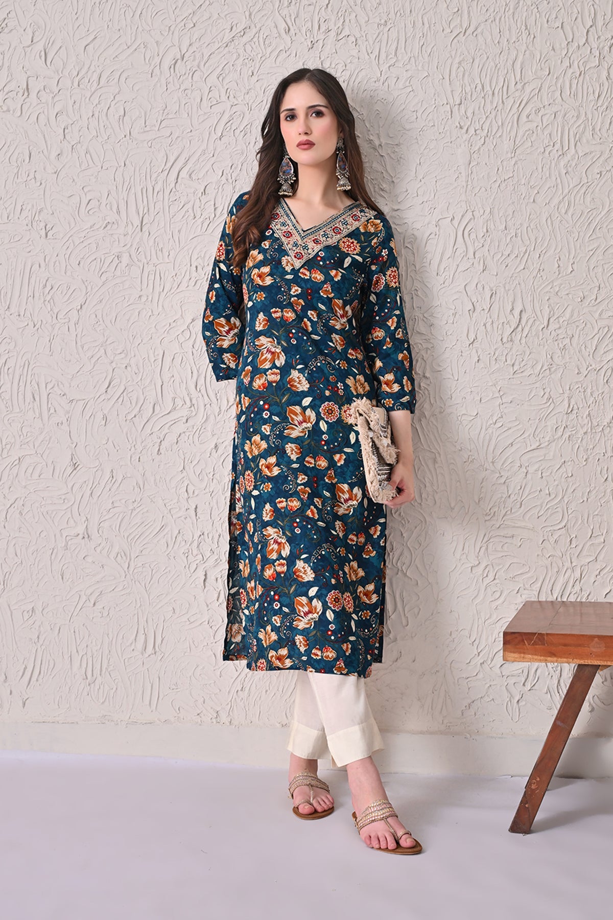 Teal Floral Printed Kurta