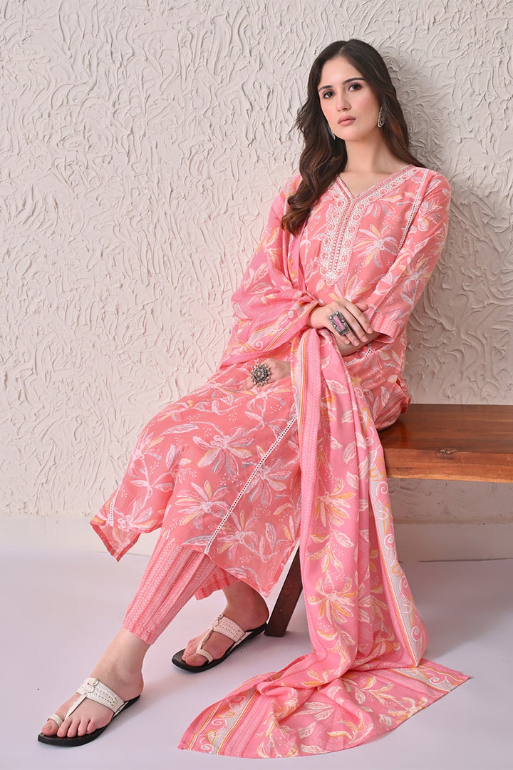 Light Pink Printed Kurta 3 Pcs Set
