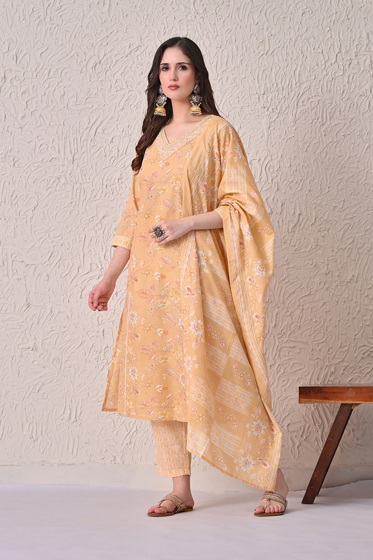 Yellow Printed Kurta 3 Pcs Set