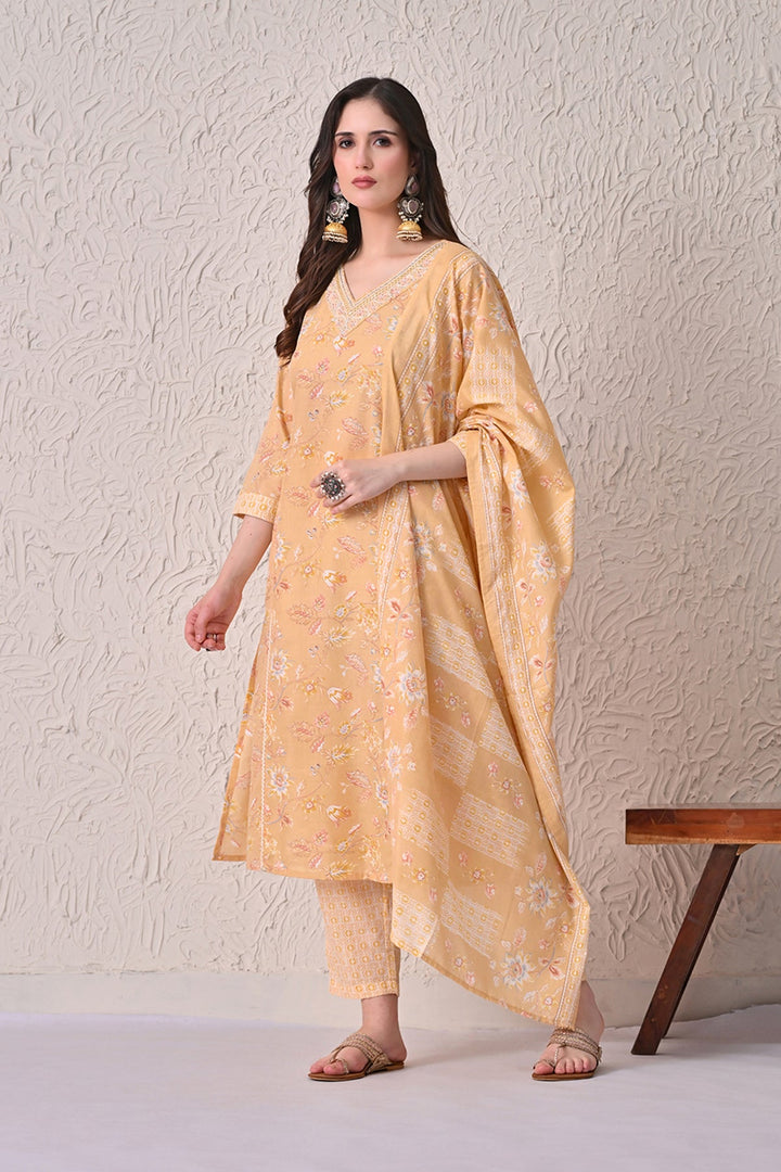 Yellow Printed Kurta 3 Pcs Set