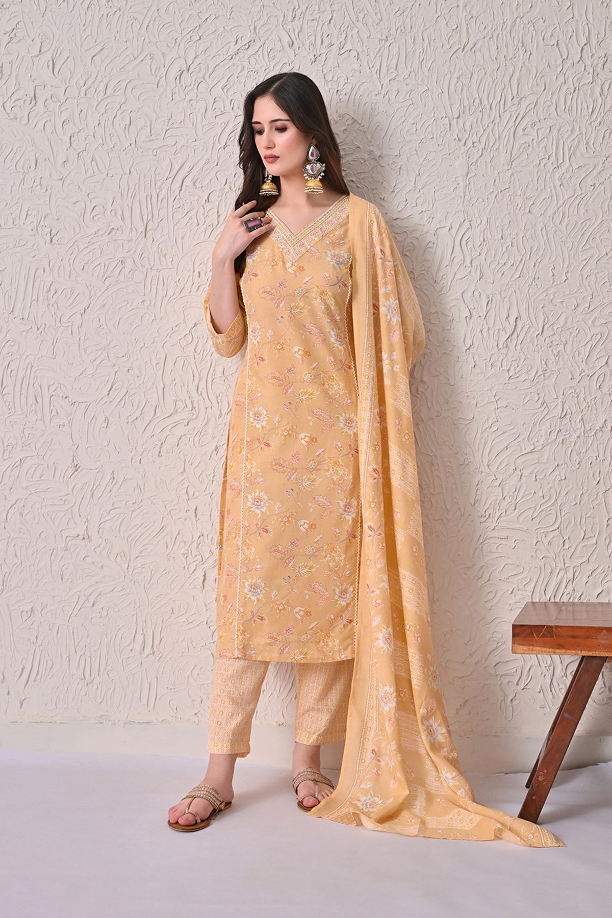 Yellow Printed Kurta 3 Pcs Set