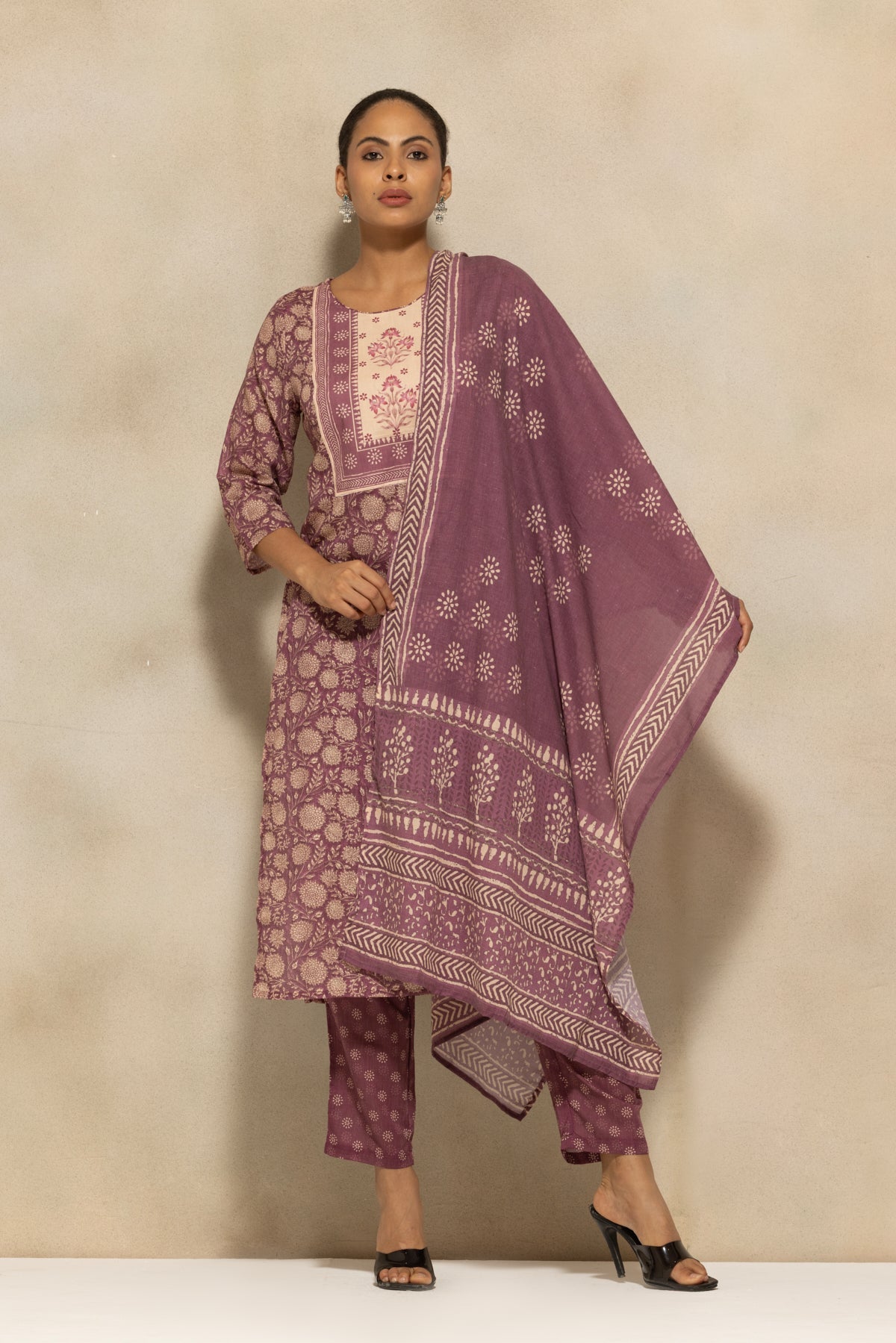Purple Printed Kurta 3 Pcs Set