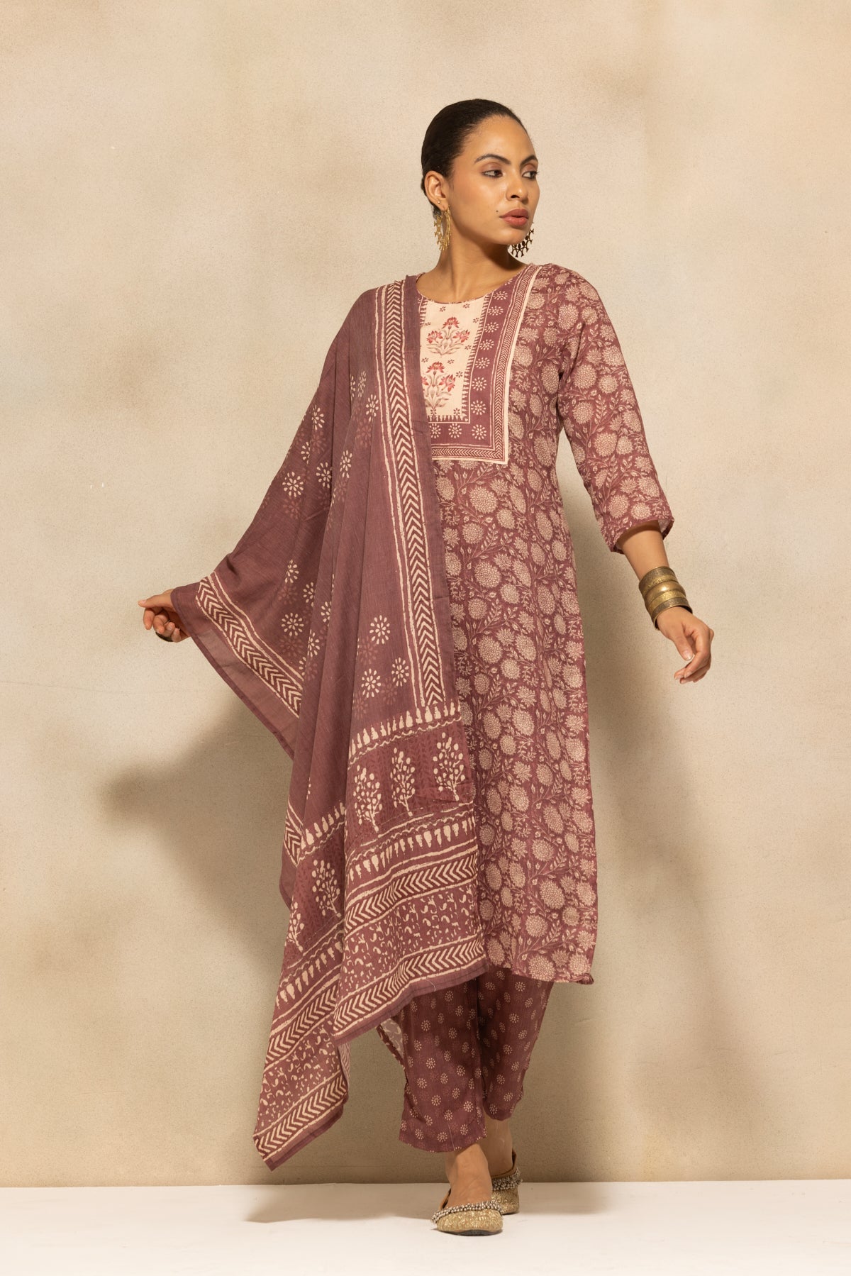 Brown Printed Kurta 3 Pcs Set