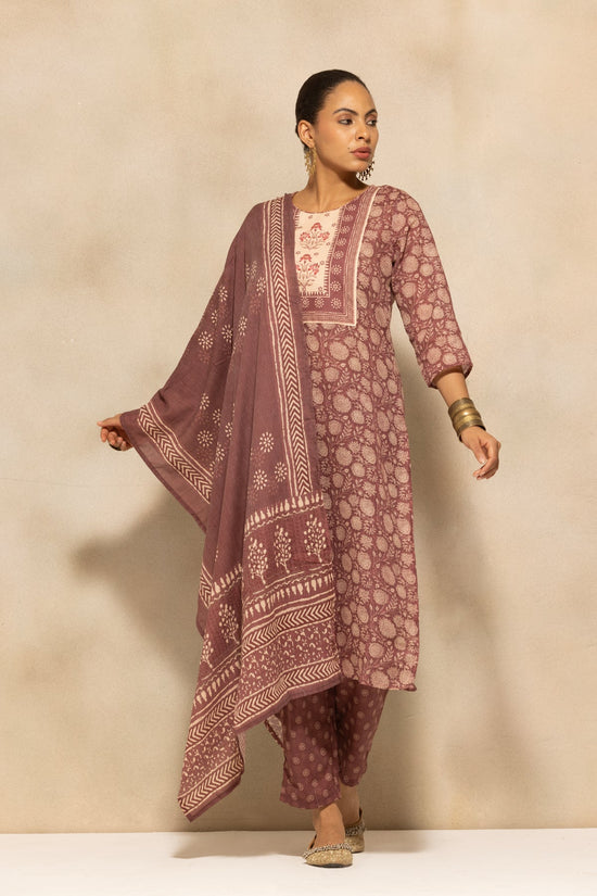 Brown Printed Kurta 3 Pcs Set