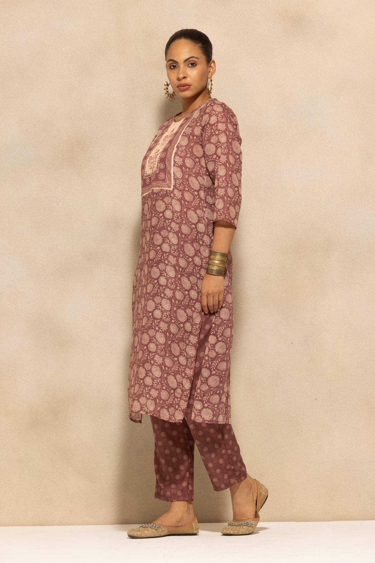 Brown Printed Kurta 3 Pcs Set