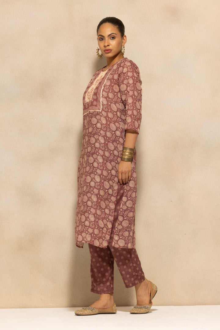 Brown Printed Kurta 3 Pcs Set