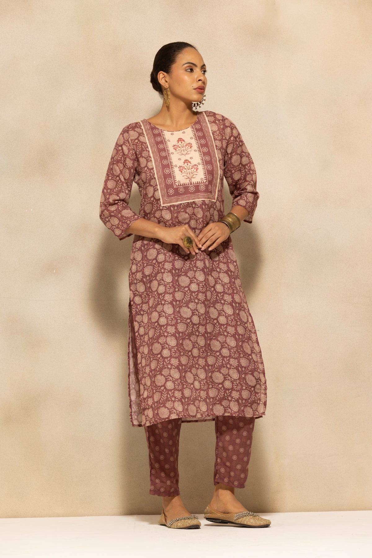 Brown Printed Kurta 3 Pcs Set