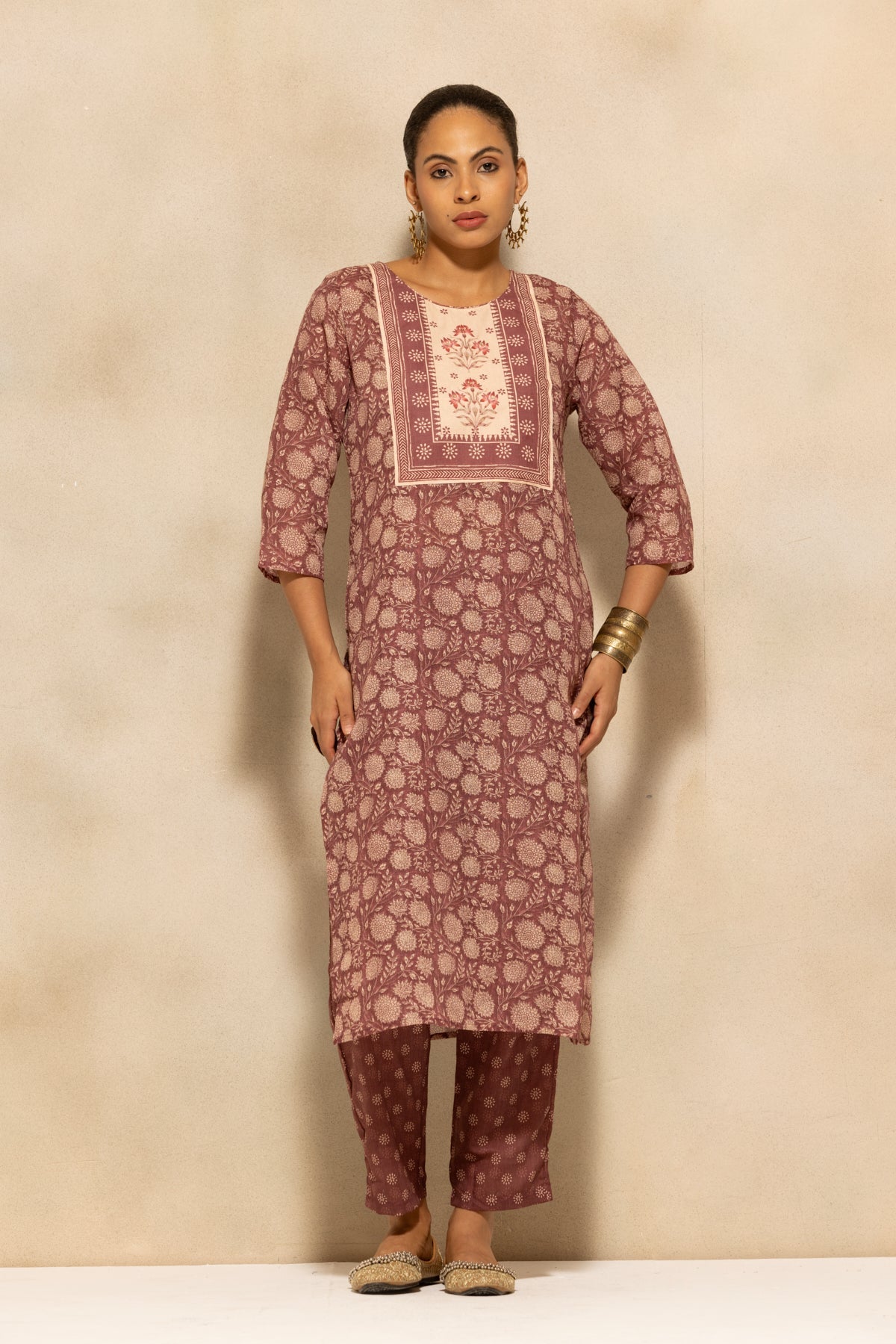 Brown Printed Kurta 3 Pcs Set