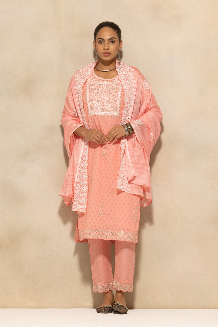 Pink Embroidered Kurta 3 Pcs Set