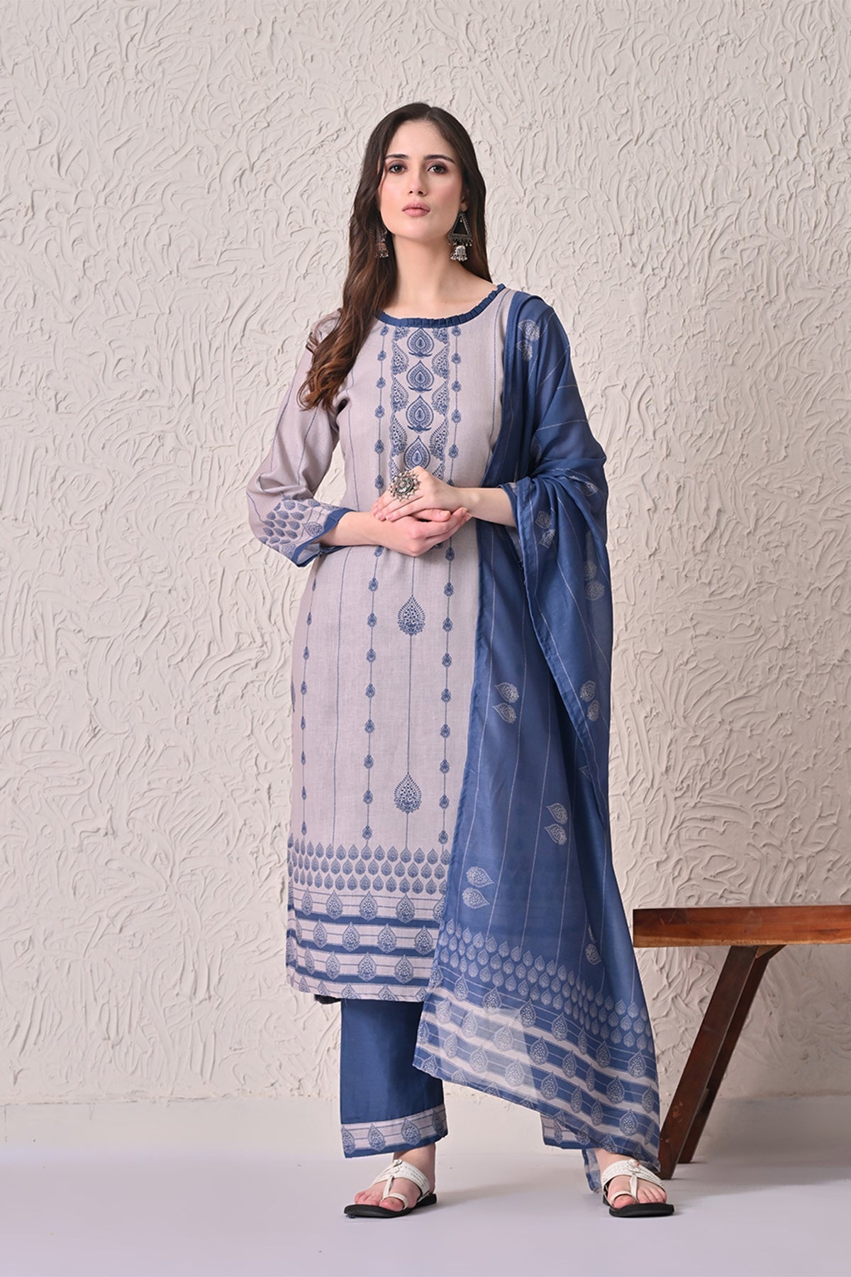 Beige Printed Kurta 3 Pcs Set