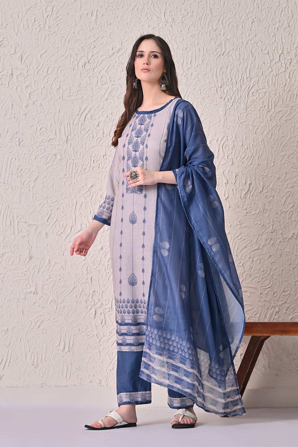Beige Printed Kurta 3 Pcs Set