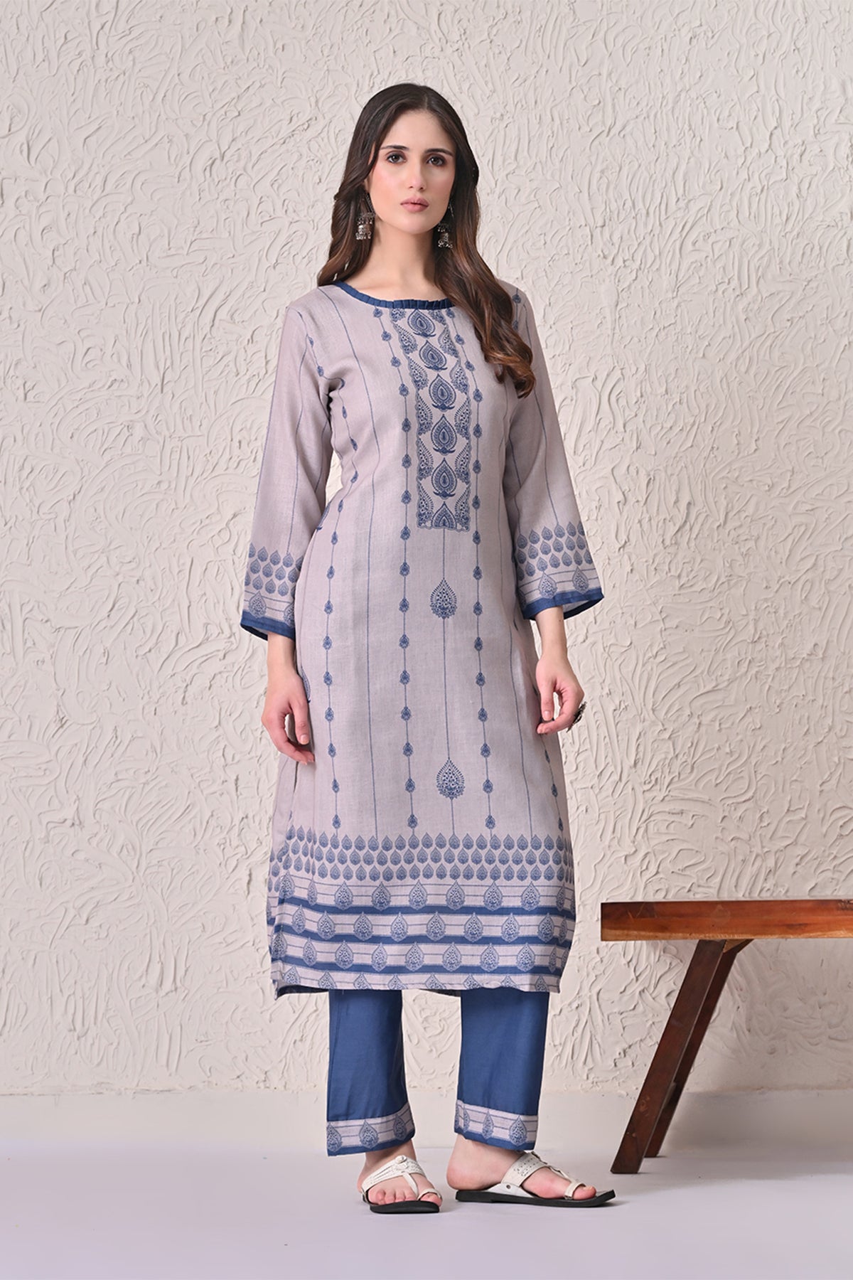 Beige Printed Kurta 3 Pcs Set