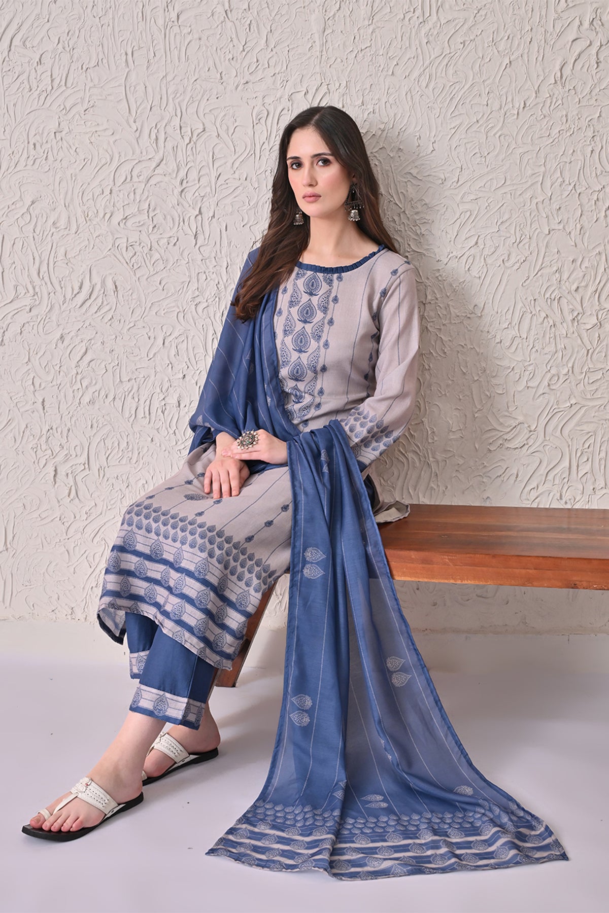 Beige Printed Kurta 3 Pcs Set