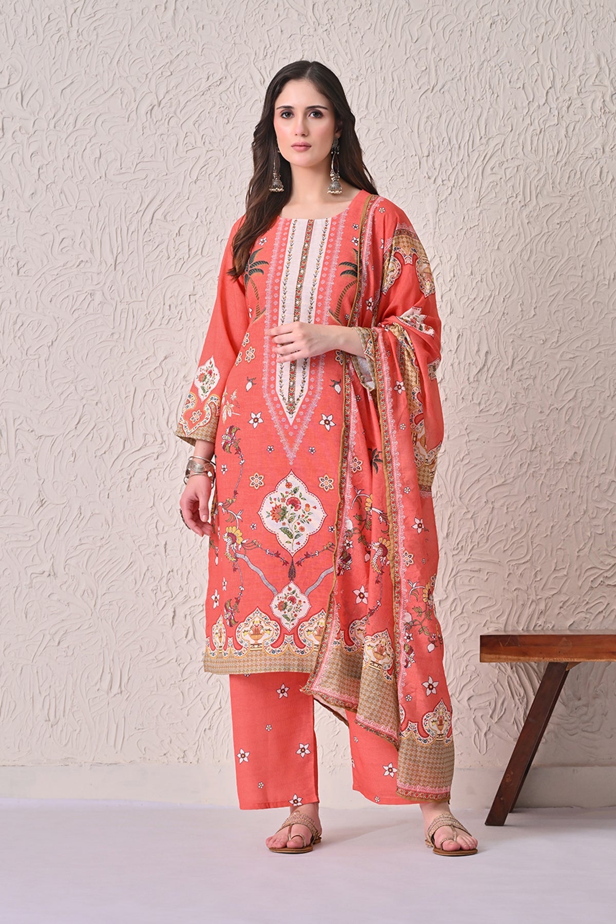Orange Printed Kurta 3 Pcs Set