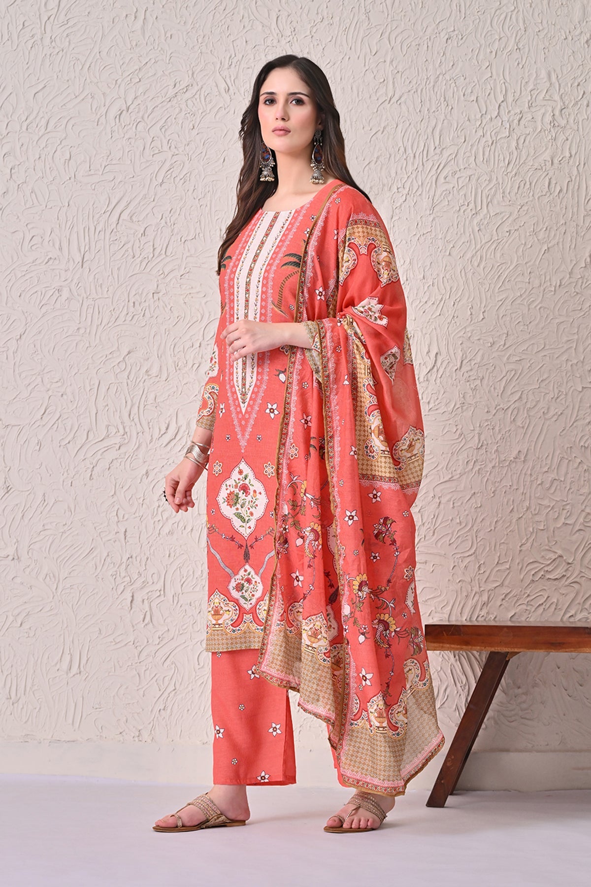 Orange Printed Kurta 3 Pcs Set