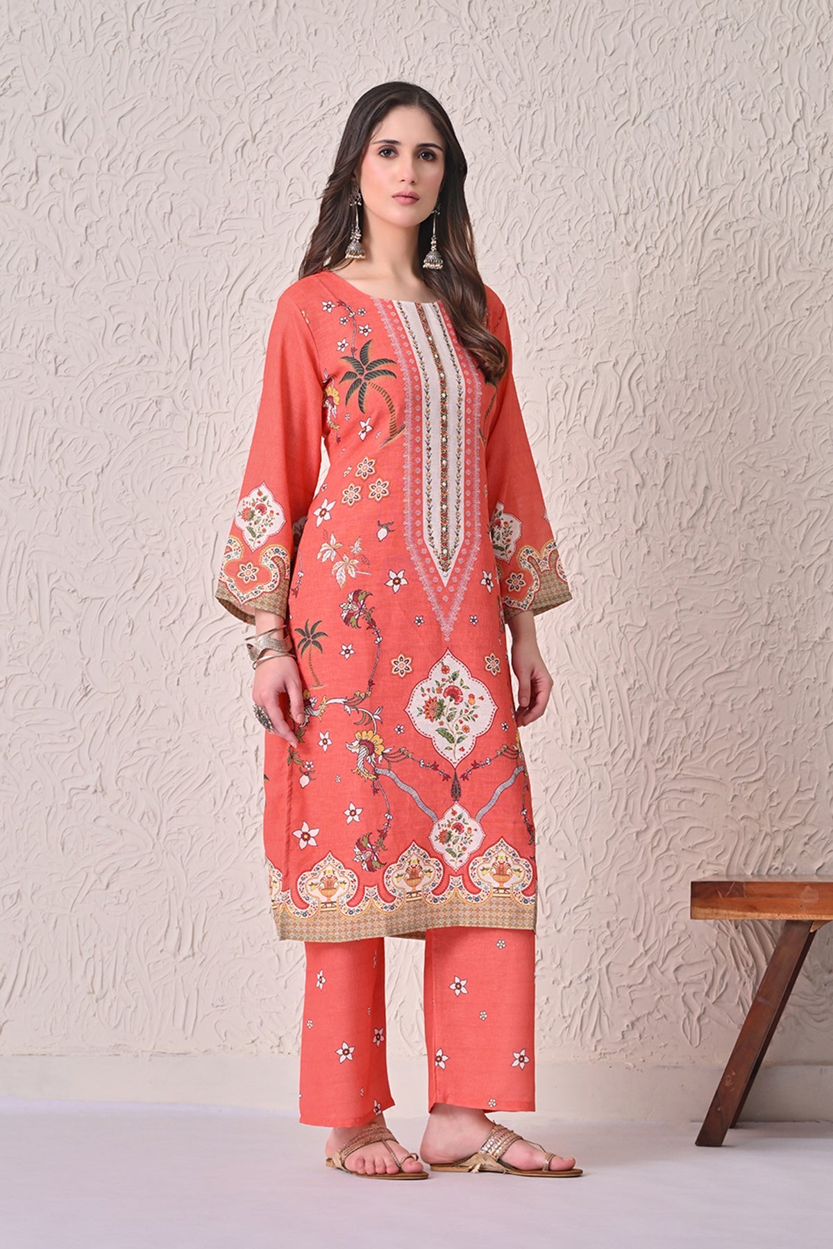 Orange Printed Kurta 3 Pcs Set
