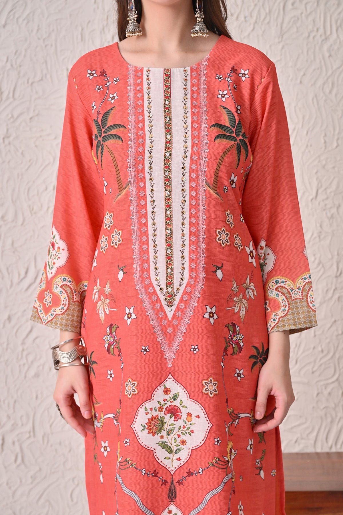 Orange Printed Kurta 3 Pcs Set