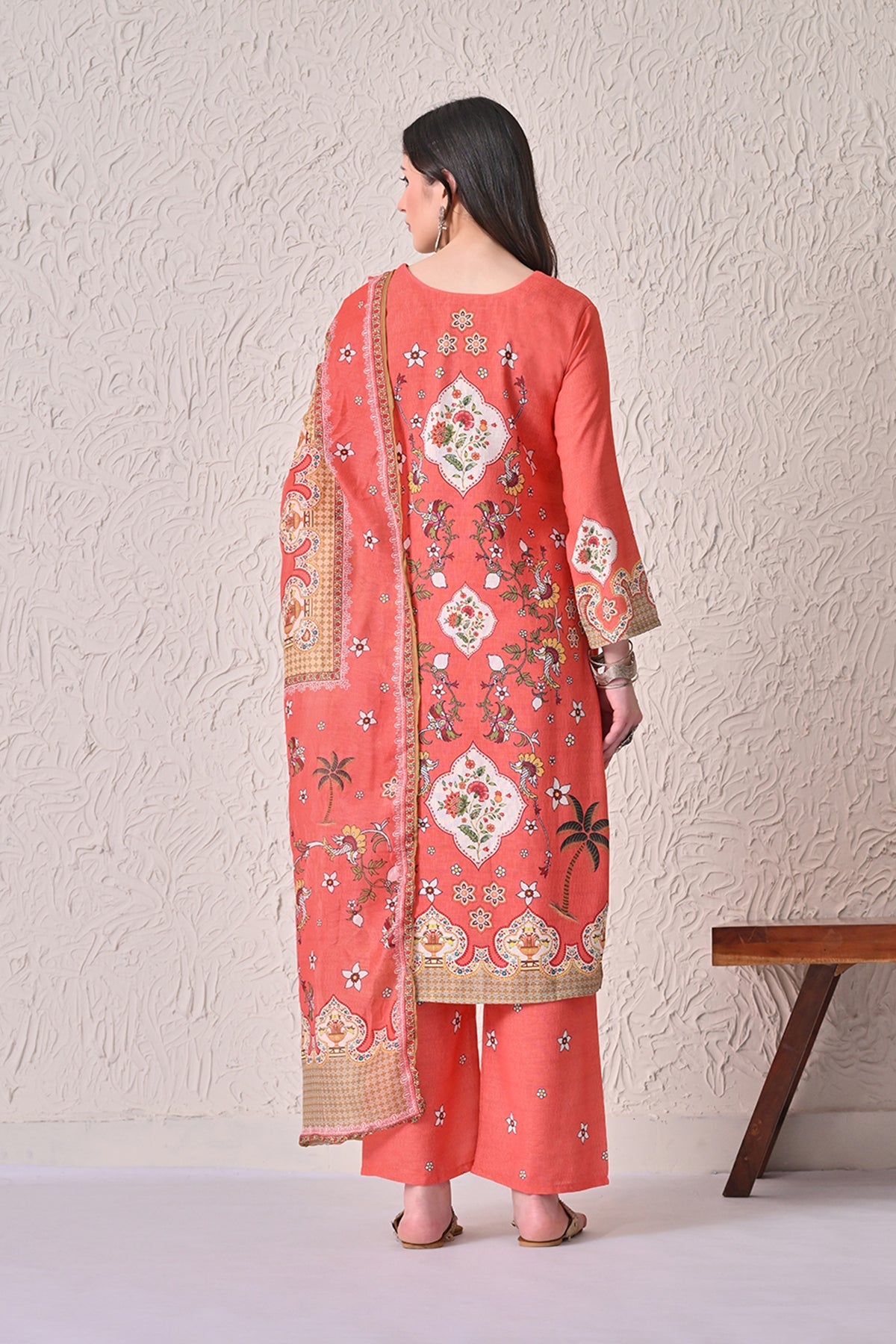 Orange Printed Kurta 3 Pcs Set