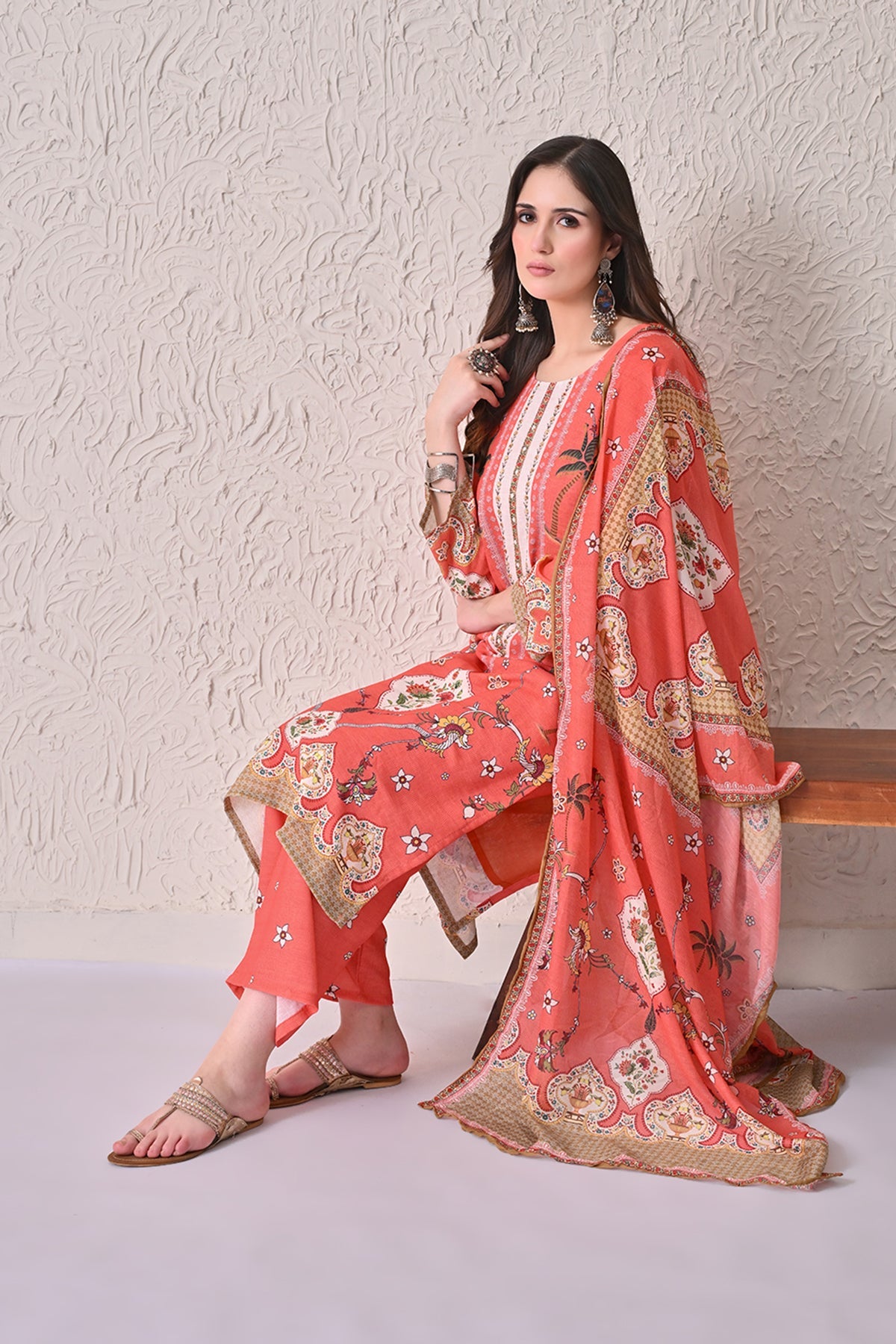 Orange Printed Kurta 3 Pcs Set