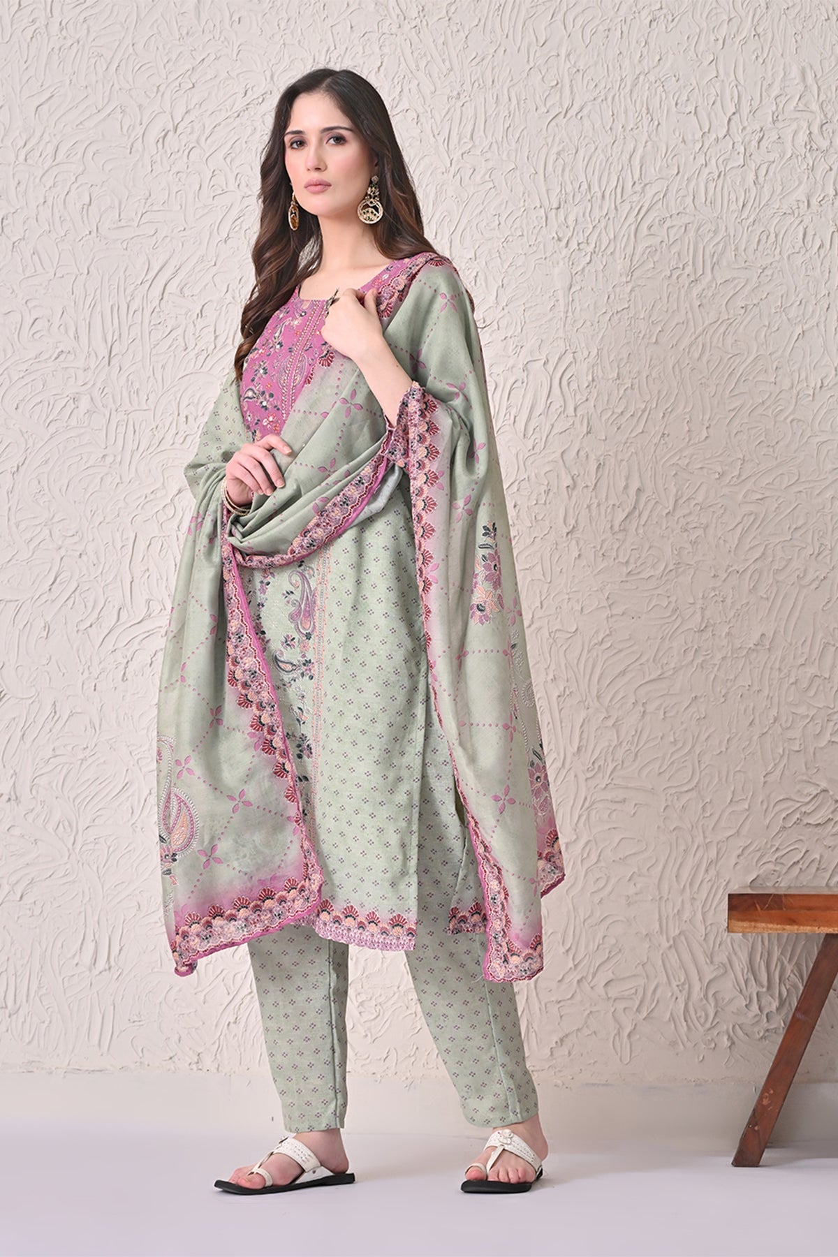 Light Green Paisley Printed Kurta 3 Pcs Set