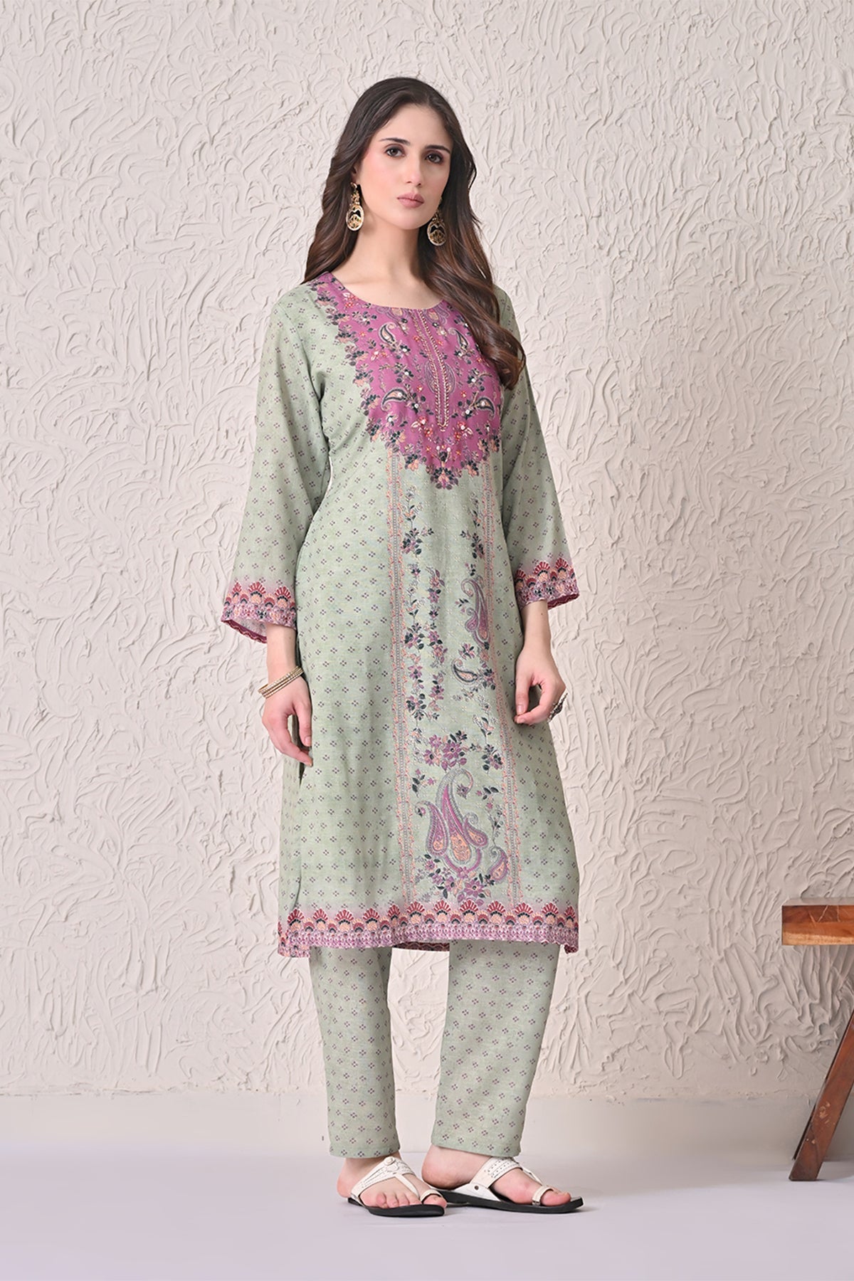 Light Green Paisley Printed Kurta 3 Pcs Set