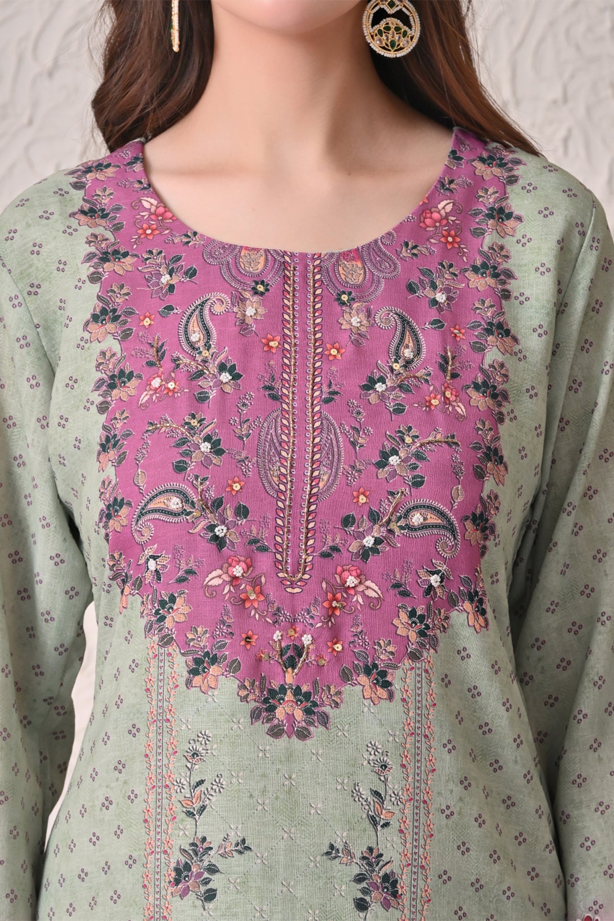 Light Green Paisley Printed Kurta 3 Pcs Set