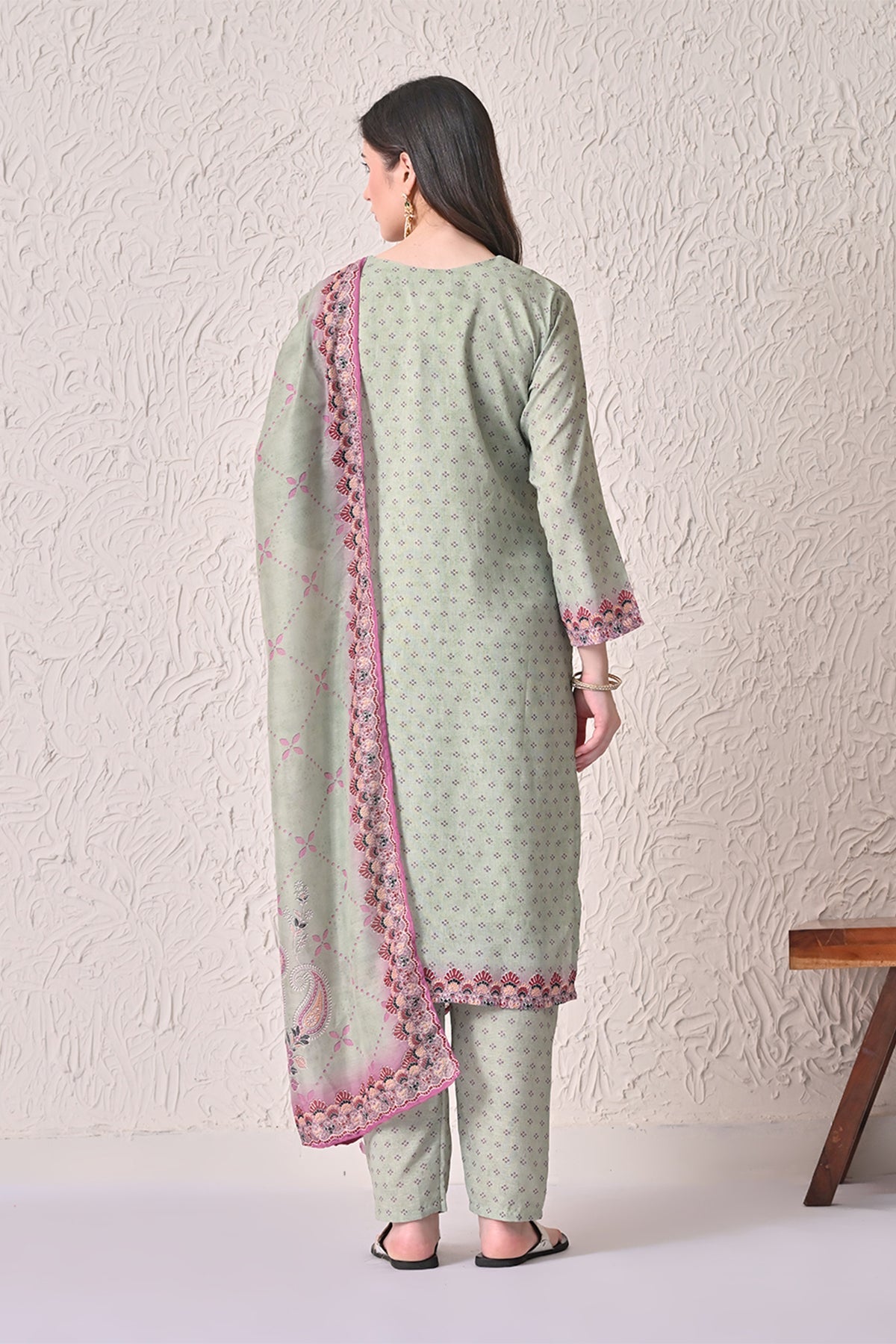 Light Green Paisley Printed Kurta 3 Pcs Set