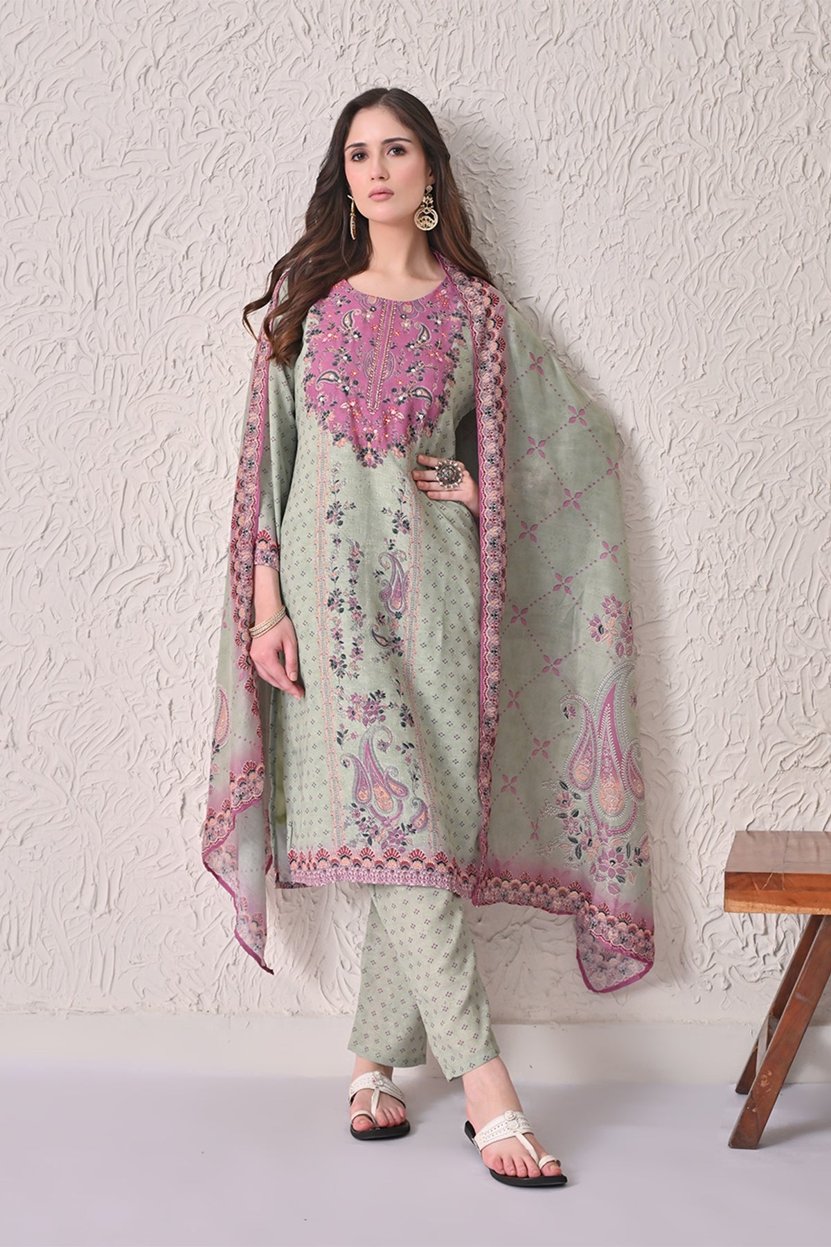 Light Green Paisley Printed Kurta 3 Pcs Set
