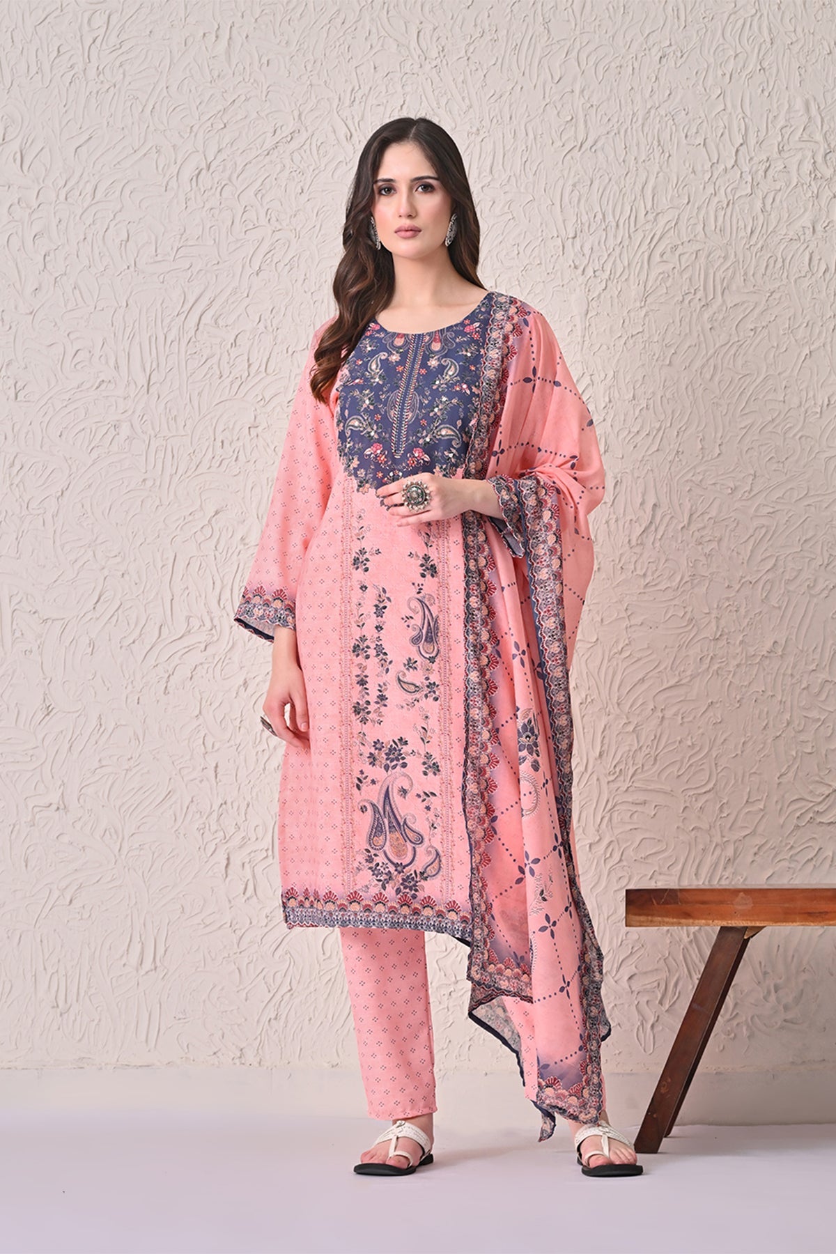 Light Orange Paisley Printed Kurta 3 Pcs Set