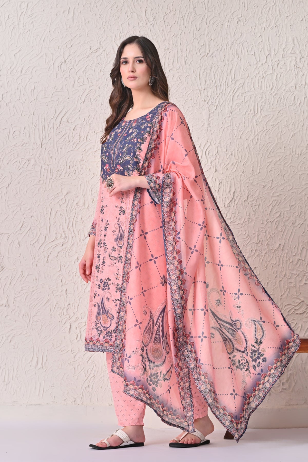 Light Orange Paisley Printed Kurta 3 Pcs Set