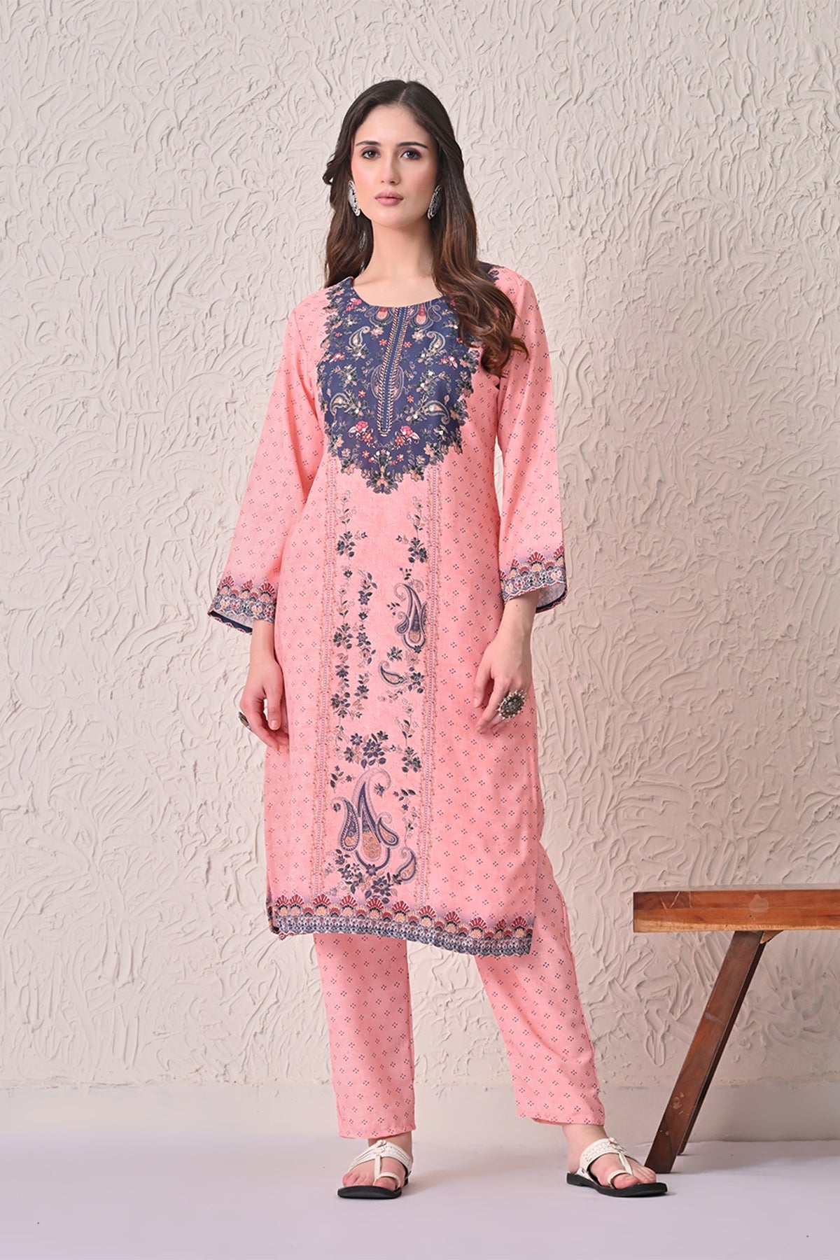 Light Orange Paisley Printed Kurta 3 Pcs Set
