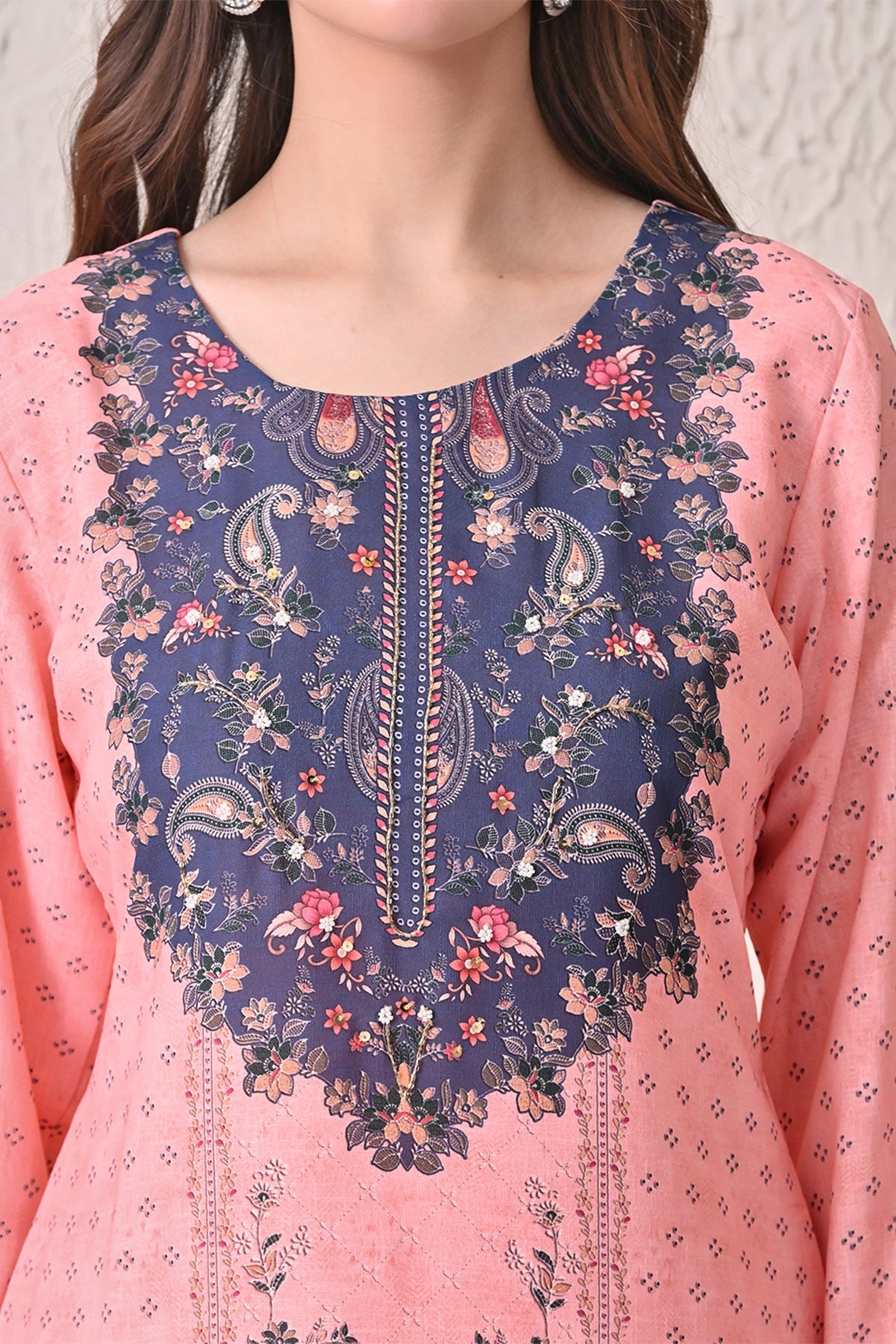 Light Orange Paisley Printed Kurta 3 Pcs Set