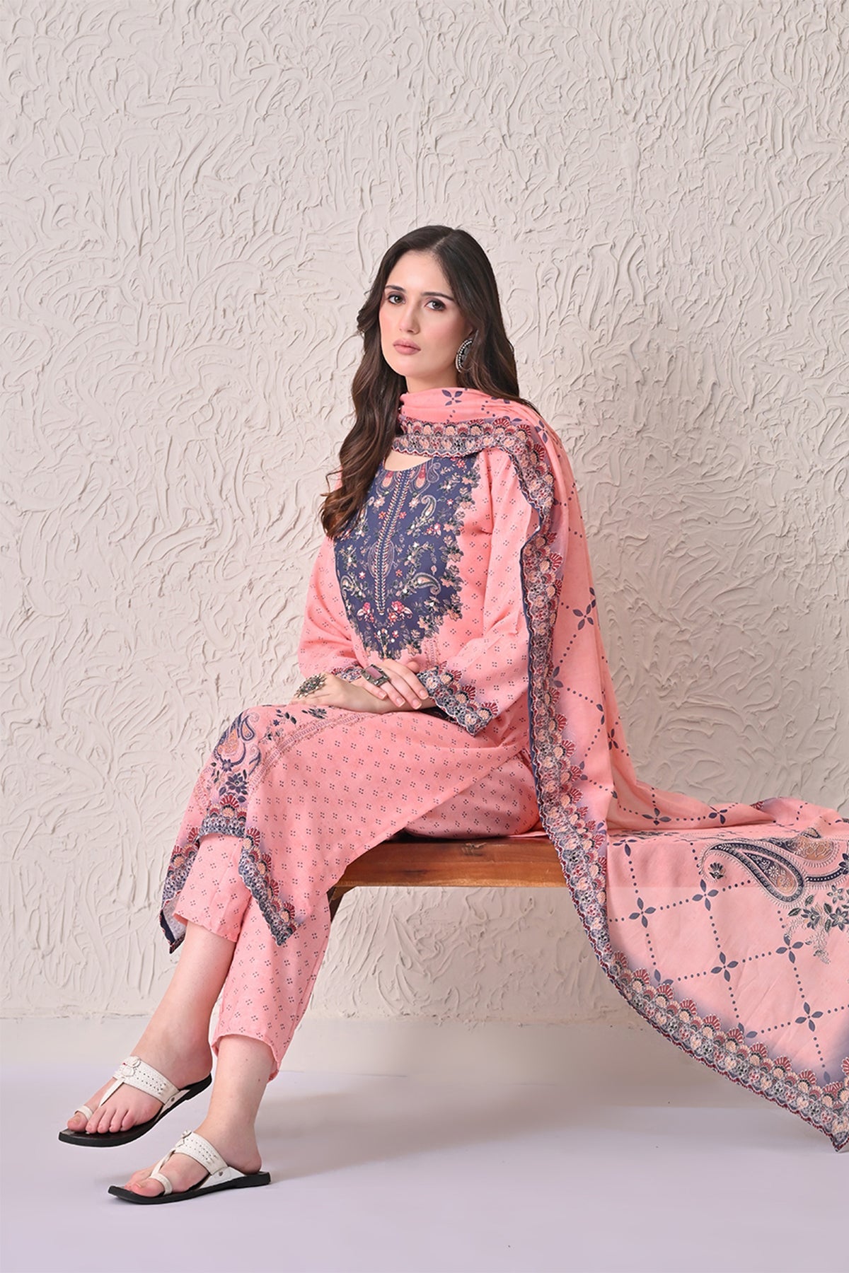 Light Orange Paisley Printed Kurta 3 Pcs Set