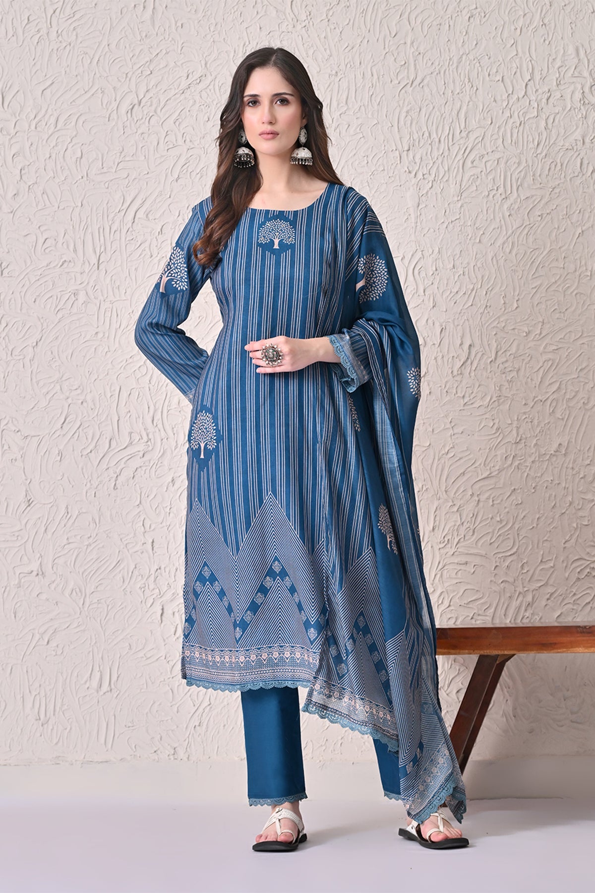Teal Printed Kurta 3 Pcs Set