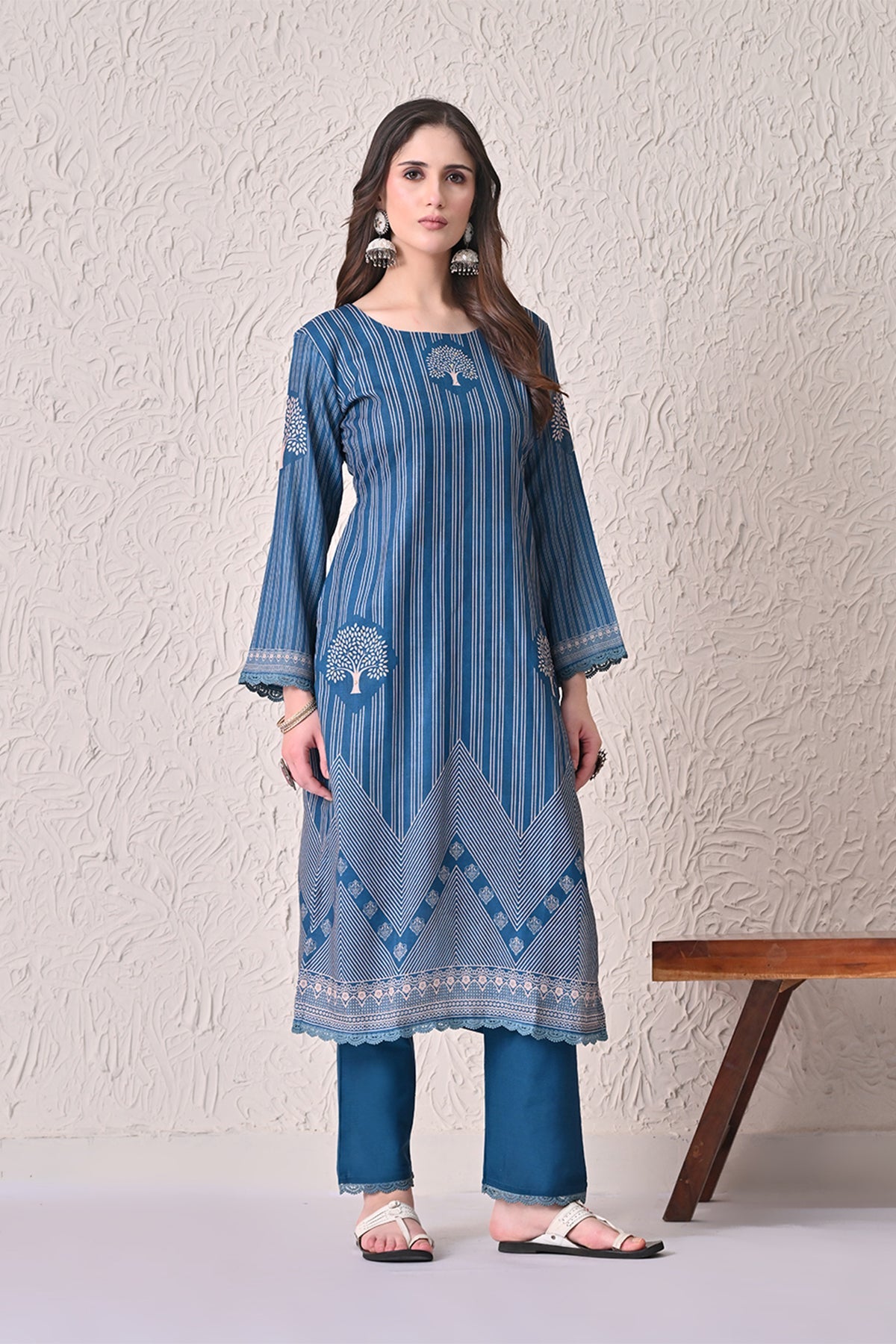 Teal Printed Kurta 3 Pcs Set