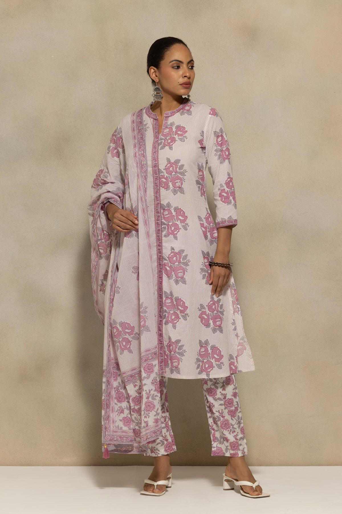 White Printed A-Line Kurta 3 Pcs Set